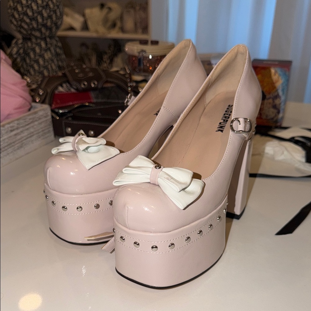 Suger punk Light Pink Platform Heels with White Bow 7